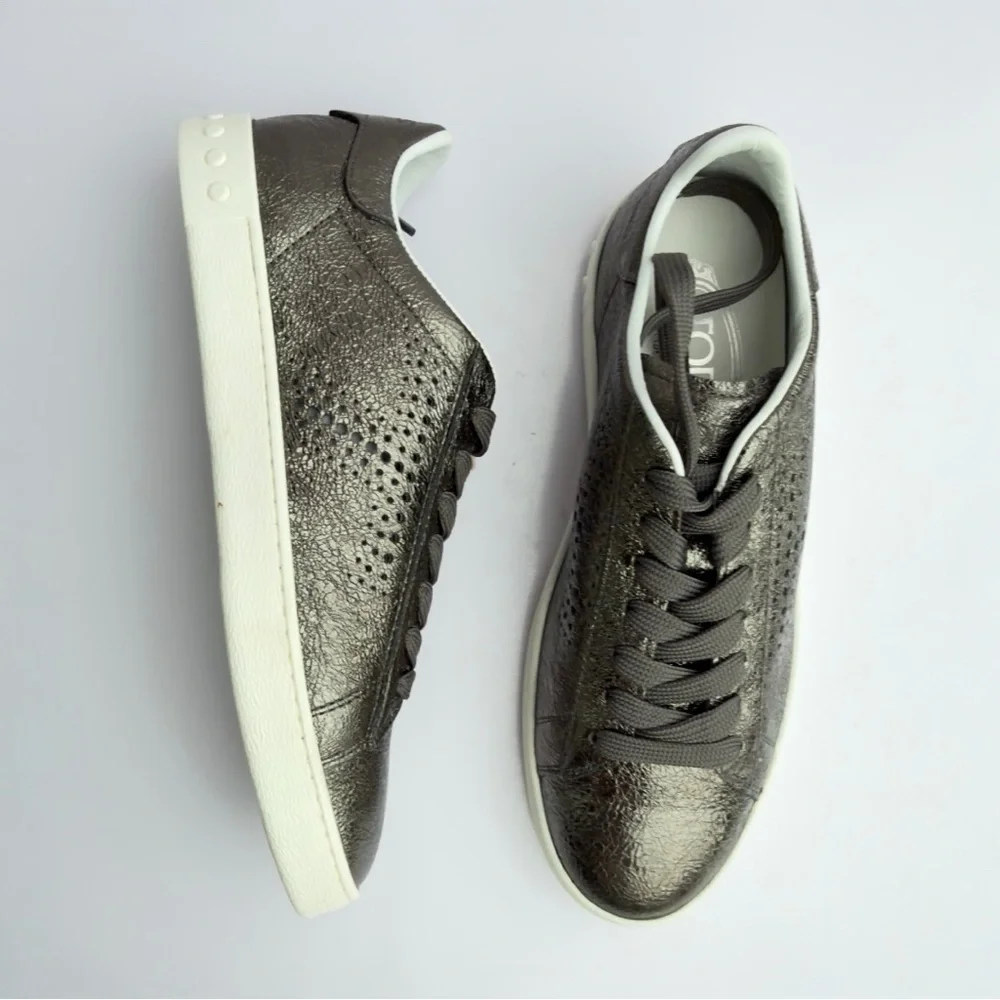 Tod's Women’s Metallic Gunmetal Silver Perforated Leather Low Top Sneakers NEW